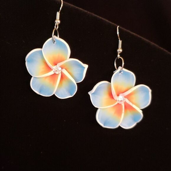 Beautiful Blue Orange Tropical Flower Blossom Earrings - Picture 2 of 3